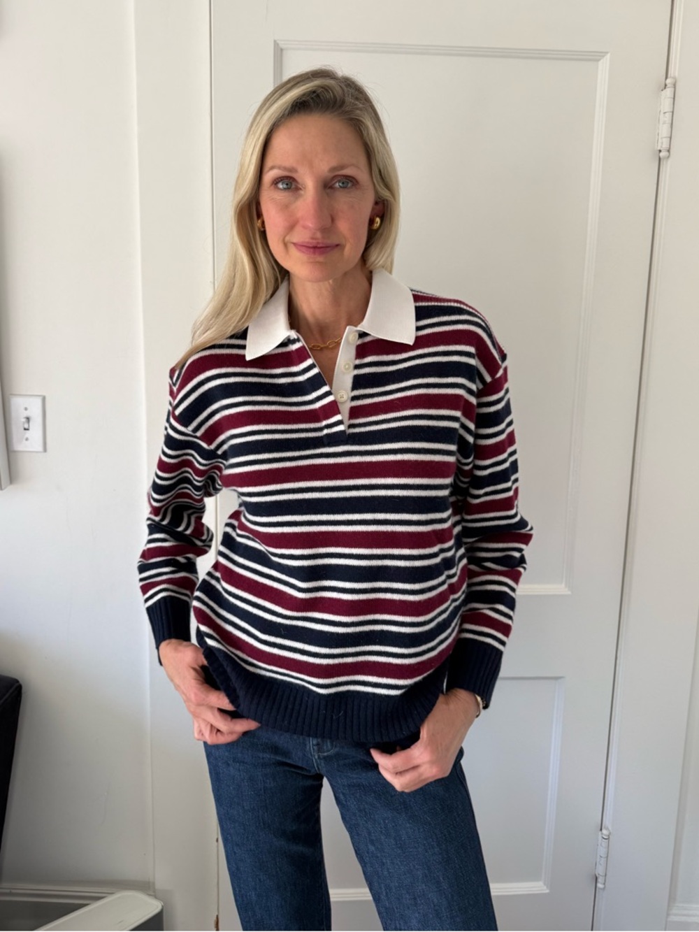 J. CREW Navy, Burgundy & White Striped Collared Sweater